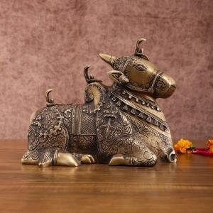 Pure Brass Nandi Statue | 8" x 11" x 6" | 5.5 kg | Intricate Carving | Three Shiv Lings | Matte Gold Finish | Traditional Hindu Temple Art | Jaipurio